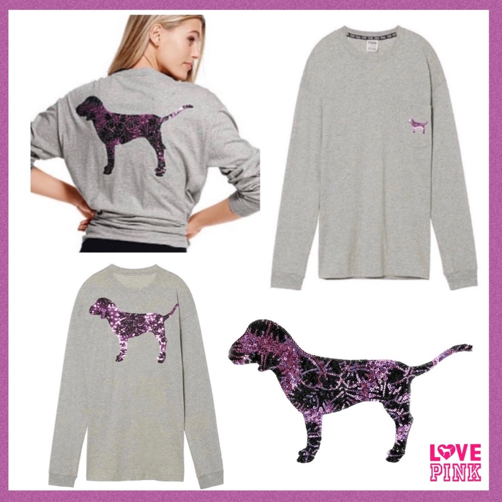 PINK Purple Bling Long Sleeve Grey Campus Tee